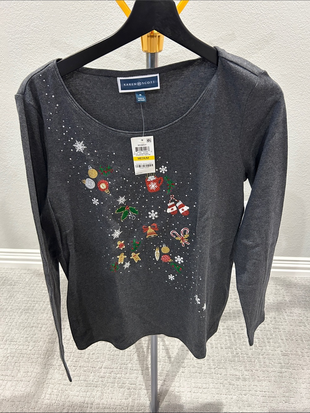 Karen Scott Charcoal Gray Holiday Embellished Long-Sleeve Top